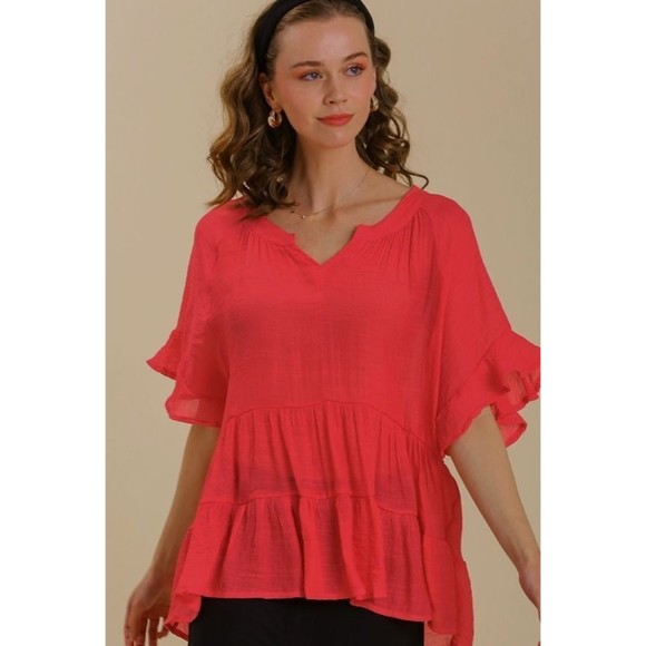 New UMGEE M L Strawberry Mandarin Collar V Neck Bell Ruffle Sleeve Tiered Top - Picture 1 of 4